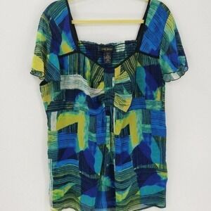 Lane Bryant Blue Green Black Flutter Sleeve Geometric Print Blouse Size 18/20